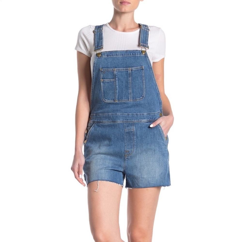 Frame Denim Le Garçon Cutoff Short Overalls in Islet (Blue), Size XSmall